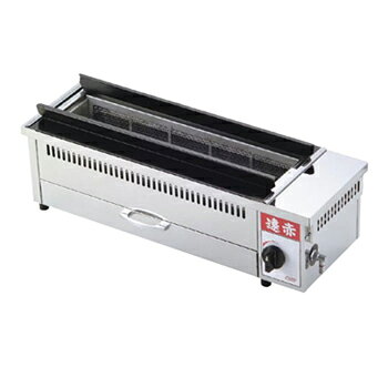 遠赤串焼器 500型 LP EBM●外形寸法(mm):間口500×奥行220×高さ191●庫内寸法(mm):間口356×奥行190×高さ170●串受幅:120●ガス消費(kW):2.4●ガス消費(kcal/h):5760●ガス接続口:9.5φ(3分)●重量(kg):7.6●付属品:串受金具●※点火方式…マッチ点火、火力調節…無段切替●遠赤外線強力焼物器●遠赤串焼器特長:1.特殊バーナーより発生する熱源をレッドフィンにより遠赤外線放射熱にエネルギー転換させます。2.熱源が焼面開口部外に設置しておりますので煙が出にくく作業環境に優れています。※メーカー希望小売価格はメーカーカタログに基づいて掲載しています。(カタログ表示価格は消費税が含まれていません)