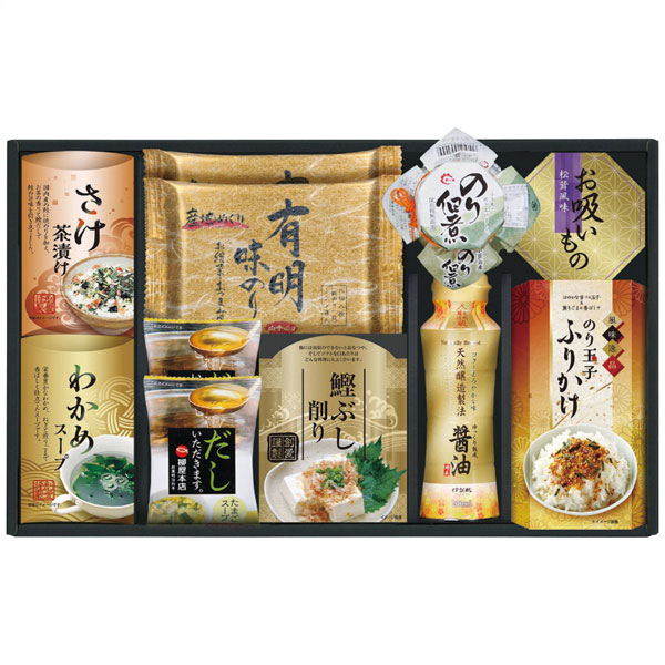 ※こちらの商品は ご注文後のキャンセル・返品・交換をお受けできない商品となっております。内容をご確認のうえ、ご注文ください。●有明海産味付のりと食卓にあるとうれしいの和風詰合せです。●箱サイズ：42.5×25×7cm●現品サイズ・内容：さけ茶漬け(4.7g×2袋)・わかめスープ(5.3g×2袋)・鰹節削り(2g×2袋)・永谷園お吸いもの松茸風味(2.3g×2袋)・のり玉子ふりかけ(4.5g×2袋)各1個・白子有明味のり(8切8枚)・たまごスープ5.4g各2袋・島の香のり佃煮80g×1瓶・伊賀越天然醸造醤油200ml×1本●重さ：1030g●製造生産地：日本製●賞味期間：製造日より常温約360日●アレルゲン：卵・乳成分・小麦・えび・ごま・さけ・大豆・鶏肉・豚肉・ゼラチン●メーカー型番：SW-40A●有明海産味付のりと食卓にあるとうれしいの和風詰合せです。●箱サイズ：42.5×25×7cm●現品サイズ・内容：さけ茶漬け(4.7g×2袋)・わかめスープ(5.3g×2袋)・鰹節削り(2g×2袋)・永谷園お吸いもの松茸風味(2.3g×2袋)・のり玉子ふりかけ(4.5g×2袋)各1個・白子有明味のり(8切8枚)・たまごスープ5.4g各2袋・島の香のり佃煮80g×1瓶・伊賀越天然醸造醤油200ml×1本●重さ：1030g●製造生産地：日本製●賞味期間：製造日より常温約360日●アレルゲン：卵・乳成分・小麦・えび・ごま・さけ・大豆・鶏肉・豚肉・ゼラチン●メーカー型番：SW-40A