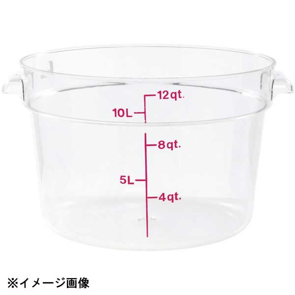 人気の高い丸型フードコンテナーは、食品の保管や運搬用に最適です。中身が一目で分かる透明な本体。便利な赤い目盛も付いています。コンテナーの形が適切な空気循環を促し、耐熱温度は?40℃から99℃までですので、大量の食品をすばやく冷やしたり、冷凍したりできます。頑丈なポリカーボネイト製で耐久性に優れています。酸、油、アルコール等に強く、変色しません。一体成型のハンドルで持ち運びがラクです。積み重ねもできます。運搬時のこぼれを防ぐカバーもあります。食器洗浄機で洗えます。●耐熱温度：?40℃～99℃※蓋は別売●サイズ　内径×深さ 容量：306×205mm11.4L●材質：ポリカーボネイト●生産地：アメリカ