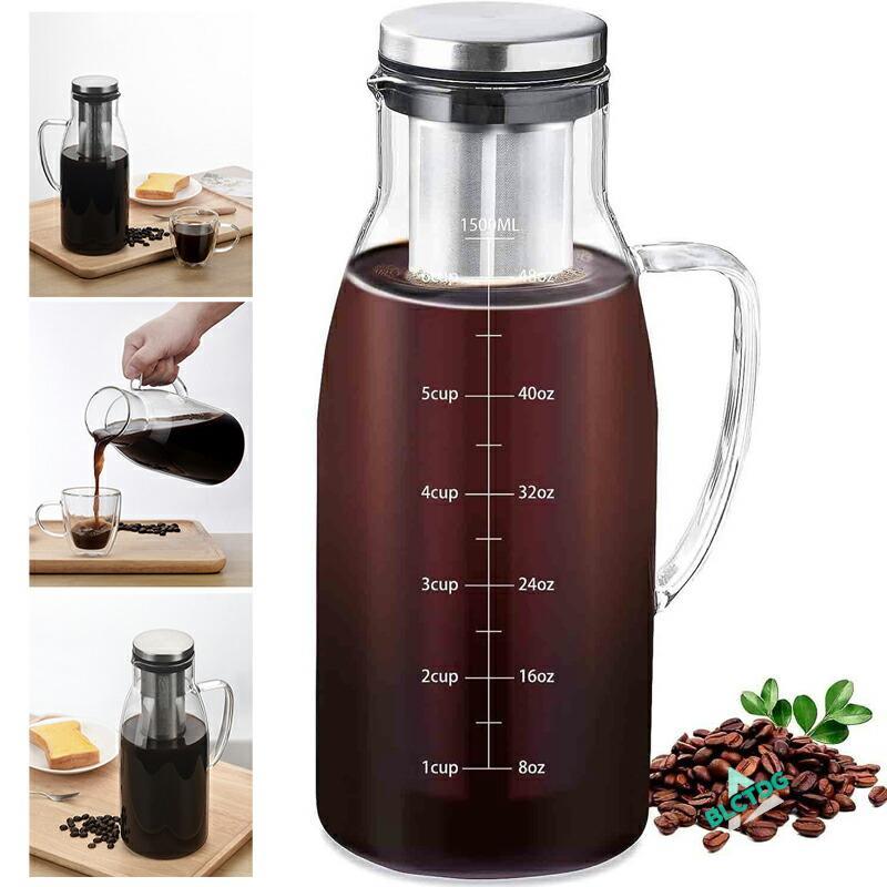 アイスコーヒーメーカー 水だしコーヒーポット 冷水ポット フィルター取り外し可 取手付き 耐熱温度差170℃ 冷蔵庫対応 直火対応 目盛付き アイスコーヒーポット