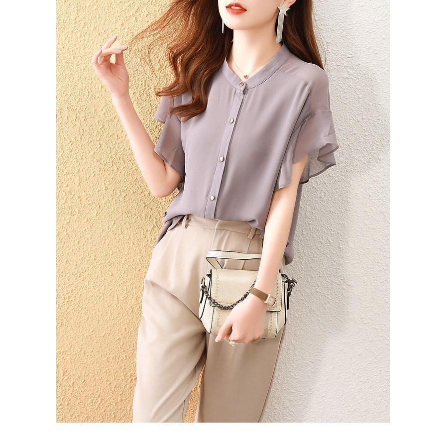 送料無料 夏新作ブラウス レディース 夏 シャツ 全4色 S-3XL 半袖ブラウス フレア袖 前開き フリル フレンチ袖 薄手 トップス 50代 40代 30代 20代 オフィスカジュアル 夏 hrd2025-10008375 HRDショップ サンプル画像2