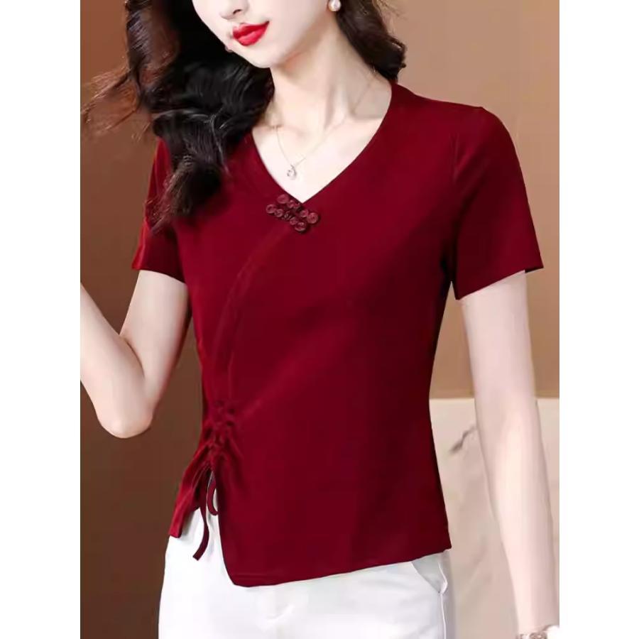 Tシャツ 夏 40代 50代 半袖 vネック レディース 夏Tシャツ 着痩せ チャイナ風 ドローコード 伸縮性 カジュアル レトロ 気質 大人 エレガント 全4色