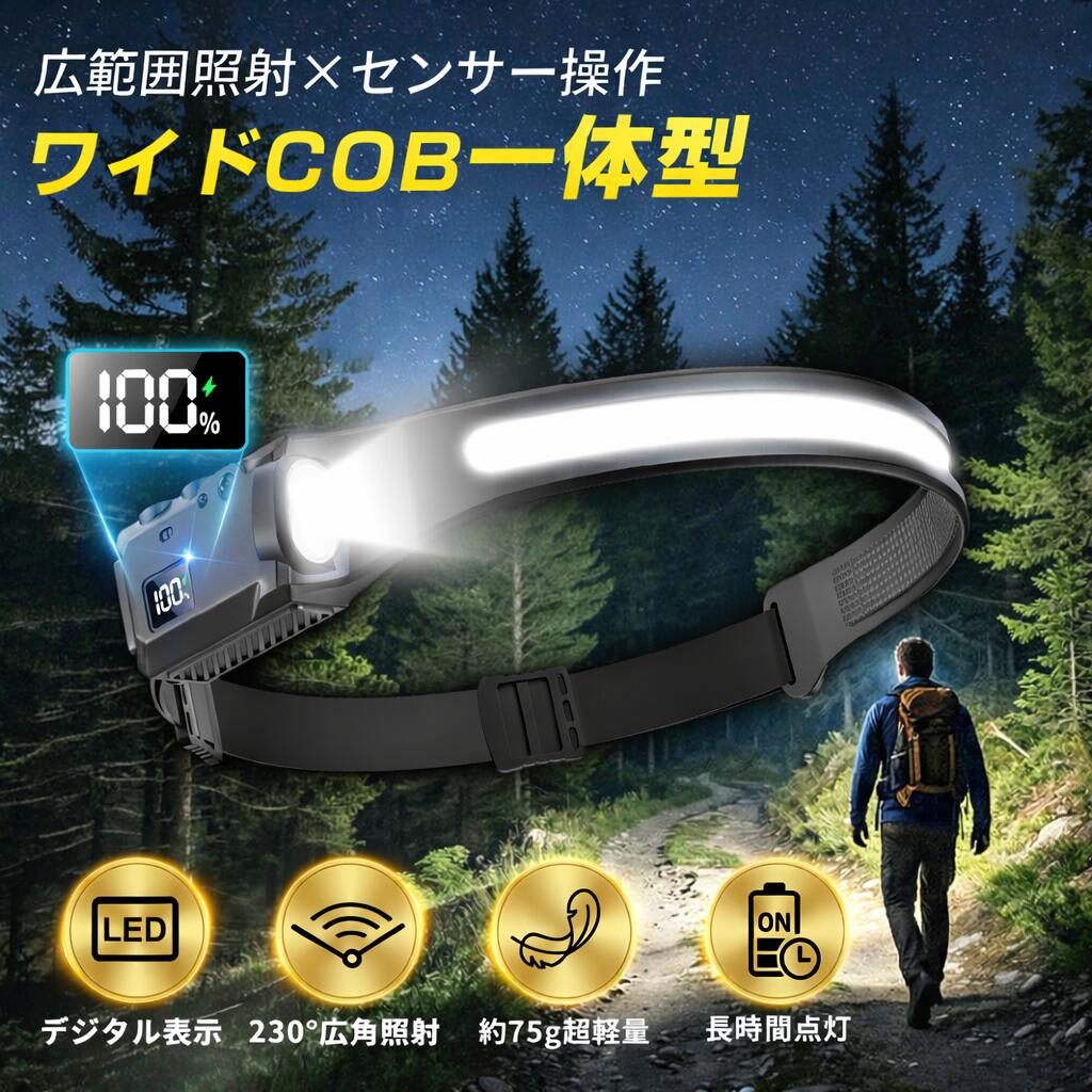超軽量 ヘッドライト 充電式 LED センサー 230°広角 バンド式 釣り 軽量 わずか75g 7種点灯モード 3種類光源 電池残量表示 USB TYPE-C 高輝度 長時間 小型 強力照射 防水 防塵 防災 作業用 登山 アウトドア キャンプ ランニング SOS