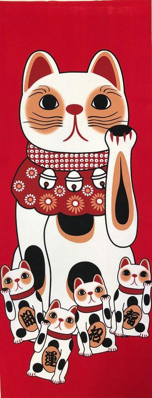 ヤギセイ 手ぬぐい 「招き猫 赤」 福招き猫 捺染てぬぐい プリント手拭 日本製約34x90cm　綿100％　日本製幸せを招く縁起物タペストリーや飾りとして最適ヤギセイの招き猫シリーズ贈り物にもおすすめ