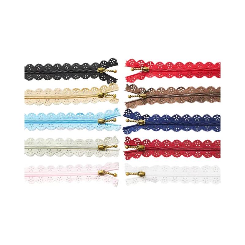 ファスナー 30cm 3号 ジッパー ポーチ バッグ 装飾 衣類 修理 裁縫 DIY 手芸 工芸 玉付き レース アンティークゴールド 10色10本セット