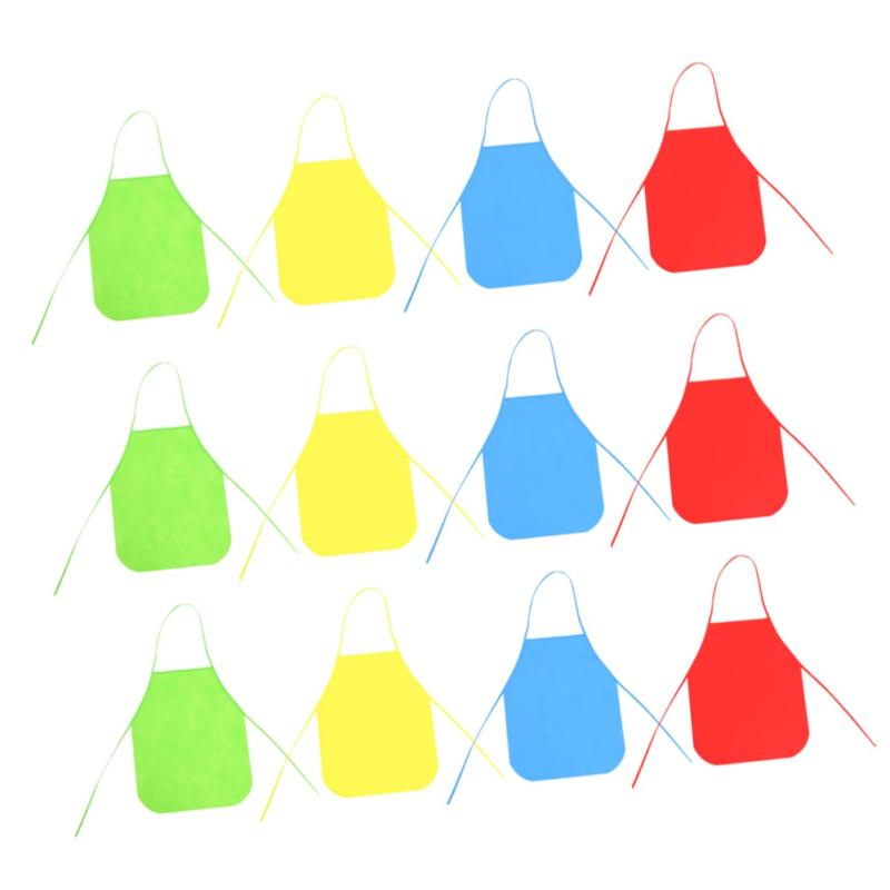 子供用エプロン 使い捨てエプロン 給食 不織布製 無地 お絵かき 料理 バイキング用 汚れ防止 着脱簡単 小学生 男の子 女の子 保育園 小学校 12個（赤＋青＋黄＋緑各3個）