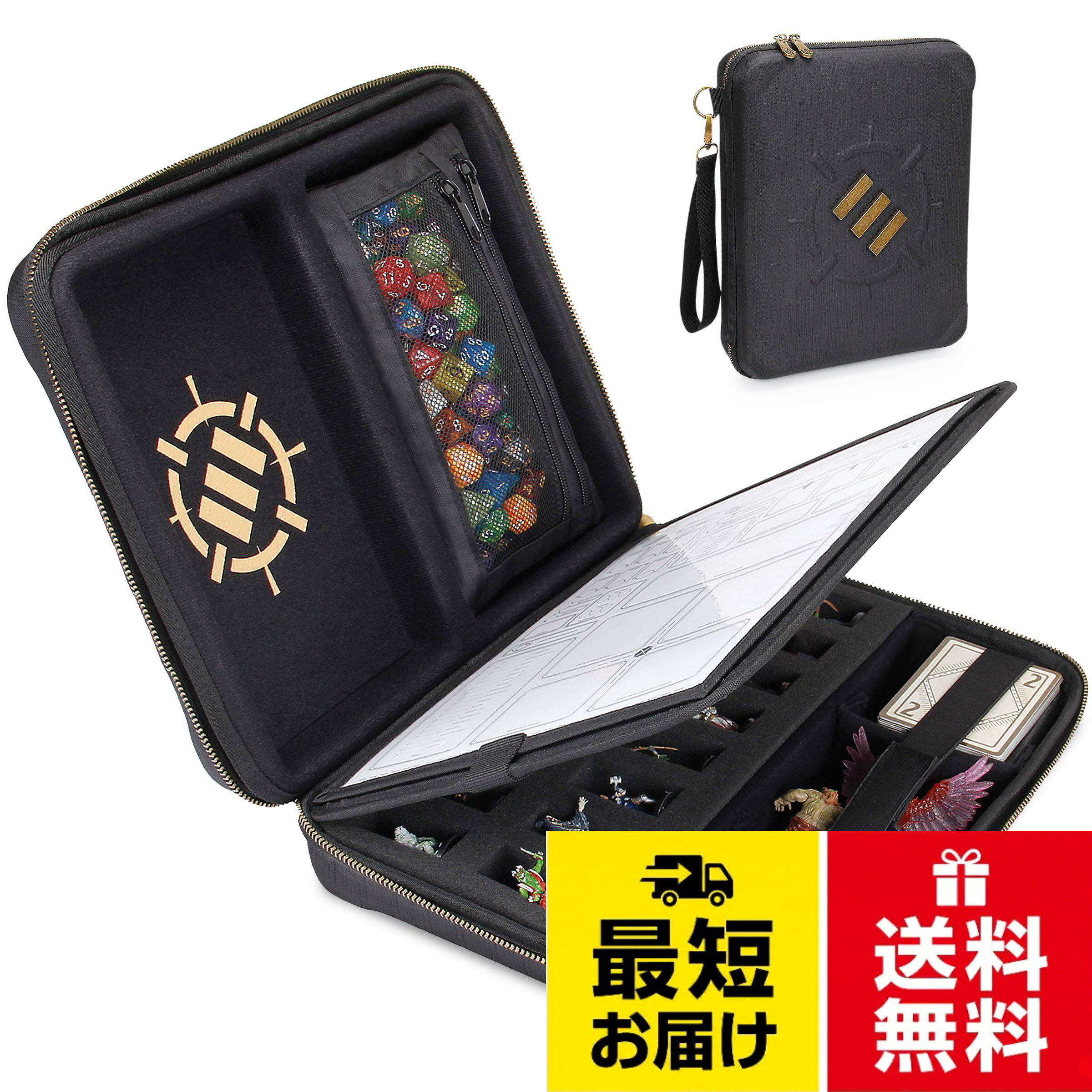 オールインワンのDNDキャラクターオーガナイザー - キャラクターの戦闘用品をすべて保護するカスタムコンパートメントを備えたトラベルバインダー収納ケースで、キャラクターへの究極の投資をしましょう。。内蔵のキャラクターシートスクライブパネル - 透明なプロテクターでキャラクターシートを所定の位置に保持し、ホワイトボードマーカーと互換性があるため、重要な情報を更新するときに非常に便利です。。戦闘準備コンパートメント - 左パネルには大きなサイコロ転がしエリアと、鉛筆、サイコロ、トークン用の取り外し可能なジッパー付きポーチが付いています。パネル全体を持ち上げて追加のシート収納にアクセスすることもできます。。自分だけのものにしましょう - キャラクターフォリオの右側には、ゲームの必需品をカスタム収納できる2つの調節可能な仕切りと、ミニチュア16体用のミニフィギュアフォームトレイが付いています。。DND プレイヤー向けに設計 – RPG オーガナイザーは、キャラクターがあらゆるキャンペーンに完全装備されていることを保証します。キャラクターシートを紛失したり、ゲーム アクセサリを忘れたりすることはありません | アクセサリは含まれていません。ENHANCE gaming ダイスローリングエリア 取り外し可能なペンポーチ ミニチュアフォームトレイ リストストラップなどが内蔵された RPG オーガナイザーケース / 現代のゲーマーのためのケース