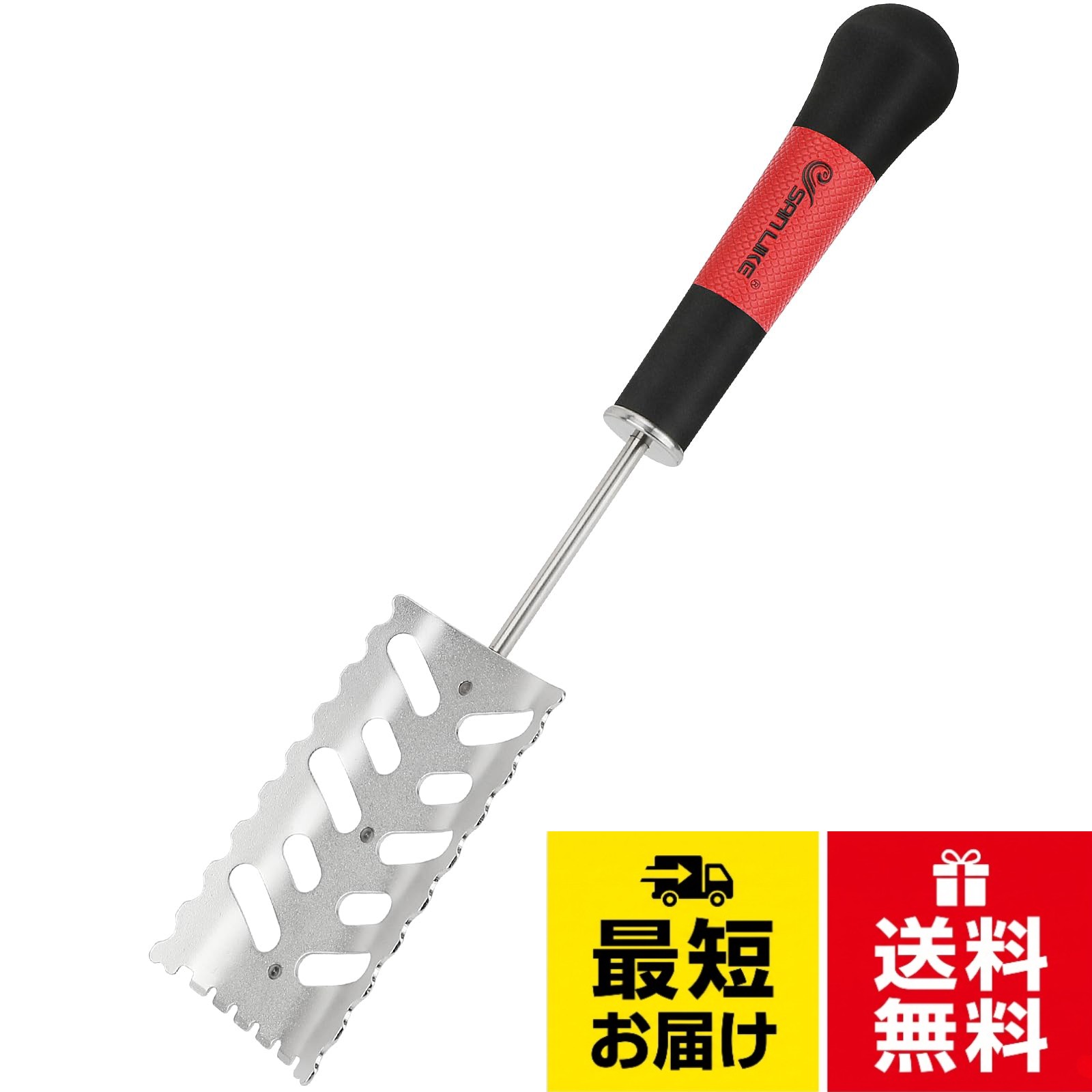仕様：サイズ:約40×7.5cm　全長:約40cm　刃部幅:約7.5cm　刃部長さ:約14cm　 グリップ長さ：約18　重量：277g。素材：刃：ステンレス鋼 　 グリップ：EVA素材＋人造革。軽さと滑りにくさを兼ね備えた太径グリップが握り心地よい。ブレード面はエサを捉える面積が大きく、両側エッジ部分には角度をつけることでエサを効率的に流動させることができので、攪拌スピードも高めます。。ご使用後は、できるだけ早く真水で汚れを洗い落とし、乾いた布で水分をよく拭き取って保管してください。SANLIKE コマセミキサー マゼ杓 ステンレス EVAグリップ 撒き餌用 混ぜやすい