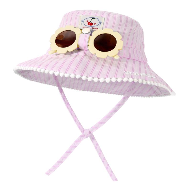 [ハミスト] キッズ サンハット バケットハット 子供用 サングラス付き UVカット ストライプ柄 大きなつば 通気性 調節可能 可愛いデザイン