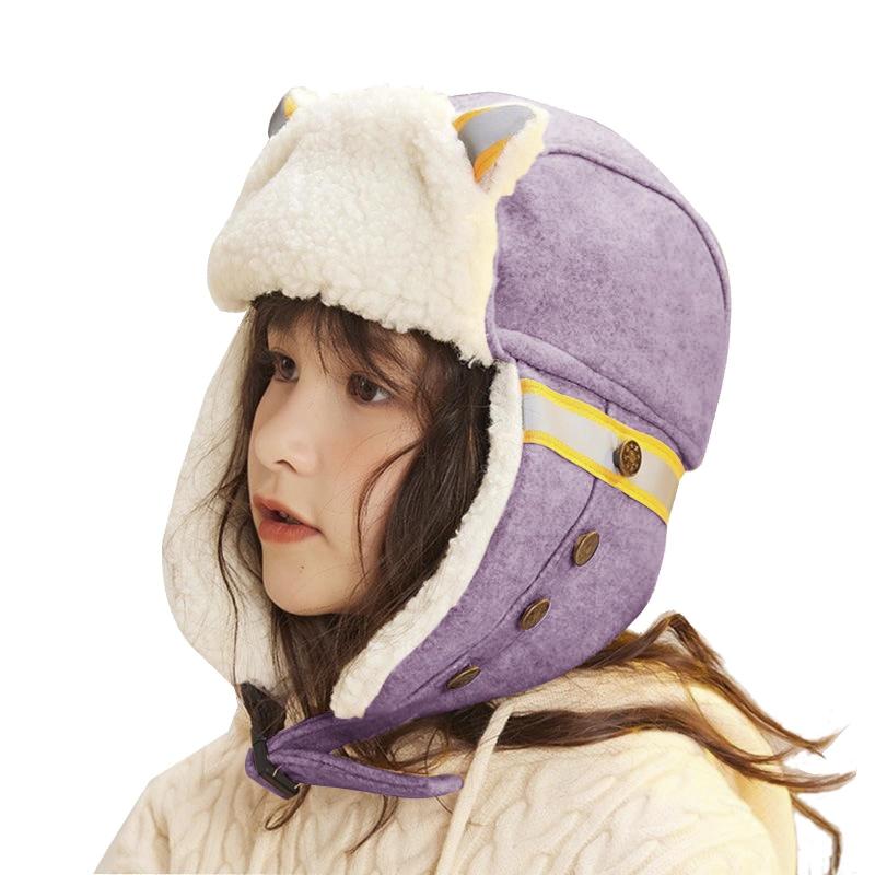 [Afindern] パイロットキャップ 子供 フライトキャップ 耳あて付き ふわふわ 防寒帽子 猫耳付き 可愛い 裏起毛 あったか 防風保温 5～13歳 飛ばない 自転車 通学 旅行 スキー スポーツ アウトドサイズ：フリーサイズ（頭囲り...