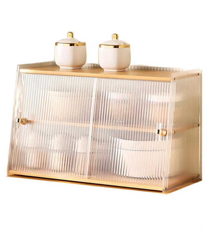 XINYINLW 食器棚 2段 卓上食器棚 アクリル扉 ミニ食器棚 キッチン収納棚 キッチン 収納 台所収納 レン..