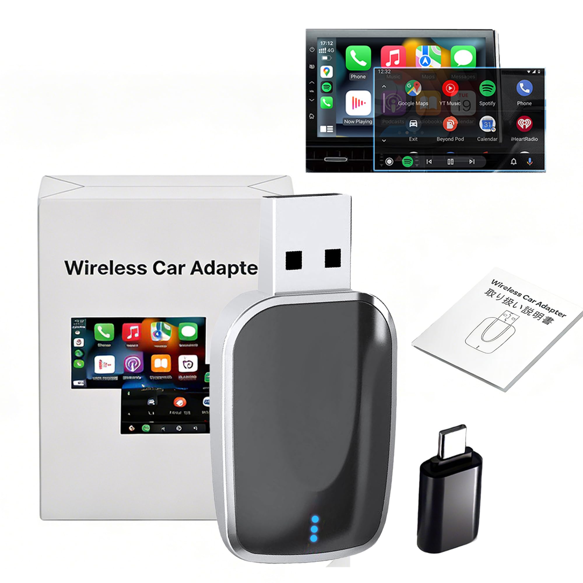 ワイヤレスアダプター 車用 CarPlay & Android Autoアダプター USB-A&C対応 無線化 コードレス使用・自動接続・Bluetooth/音楽/音声コントロール/GPSナビゲー