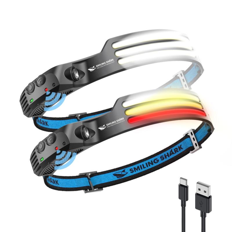 Smiling shark ライトLEDヘッドランプ懐中電灯 USB充電可能 2 Pack
