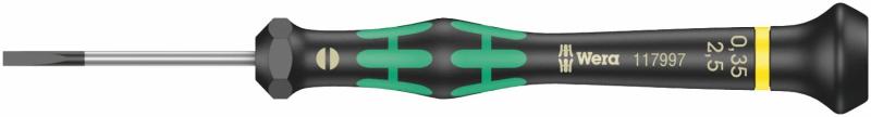WERA ヴェラ 精密用マイナスドライバー 先端サイズ2.5x0.35mm 軸長40mm 117997先端サイズ(mm)：0.35×2.5 、軸長(mm)：40 、軸径(mm)：2.5高品質なWeraMicroドライバー。回転キャップに手をかざすことで、回転キャップの下の早回しゾーンにより、高速回転が可能。時間のかかる手の切り替えが不要になる。ハンドルのやわらかい素材部分のパワーゾーンは、高い締め付けトルクと緩みトルクの伝達が可能。