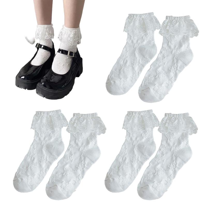 [ESJNNK] レース 靴下 3足セット レディース コットンソックス 可愛い フリル レースソックス JK ユニフォーム 伸縮性があり 通気性 靴下 cosplay ロリータ