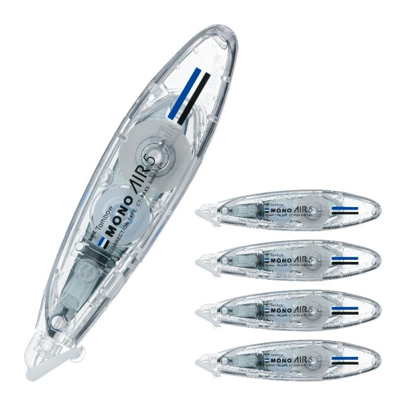 トンボ鉛筆 修正テープ MONO モノエアー ペンタイプ 詰替え式本体 (テープ幅5mm×6m) 5個 CT-PAX5-5P【シリーズ】MONO Air【特長】使い切るまで、驚くほど軽く消せる新機構「エアータッチシステム」搭載【テープサイズ】幅5mm×6m巻き【仕様】エアータッチシステム搭載／ペン型ボディ／紙面密着向上テープ／手ブレ補正ヘッド／静音設計【入数】5個