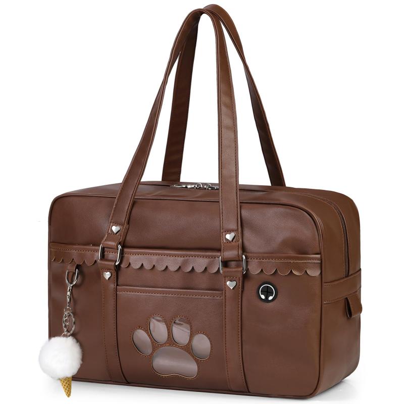 [NEWHEY] スクールバッグ 高校生 女子 スクバ 合皮 通学ボストンバッグ 大容量 A4収納 通学鞄 可愛い イヤホン穴付き アイスクリーム飾りを付き 修学旅行 学校 部活動 通塾 入学式 通学用 ブラ