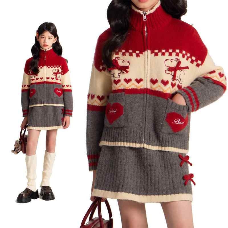 [Barry Banny] 女の子 子供服 上下セット カーディガン セーター ニットスカート セットアップ ハート 犬柄 ポケット付き リボン 秋冬 キッズ クリスマス