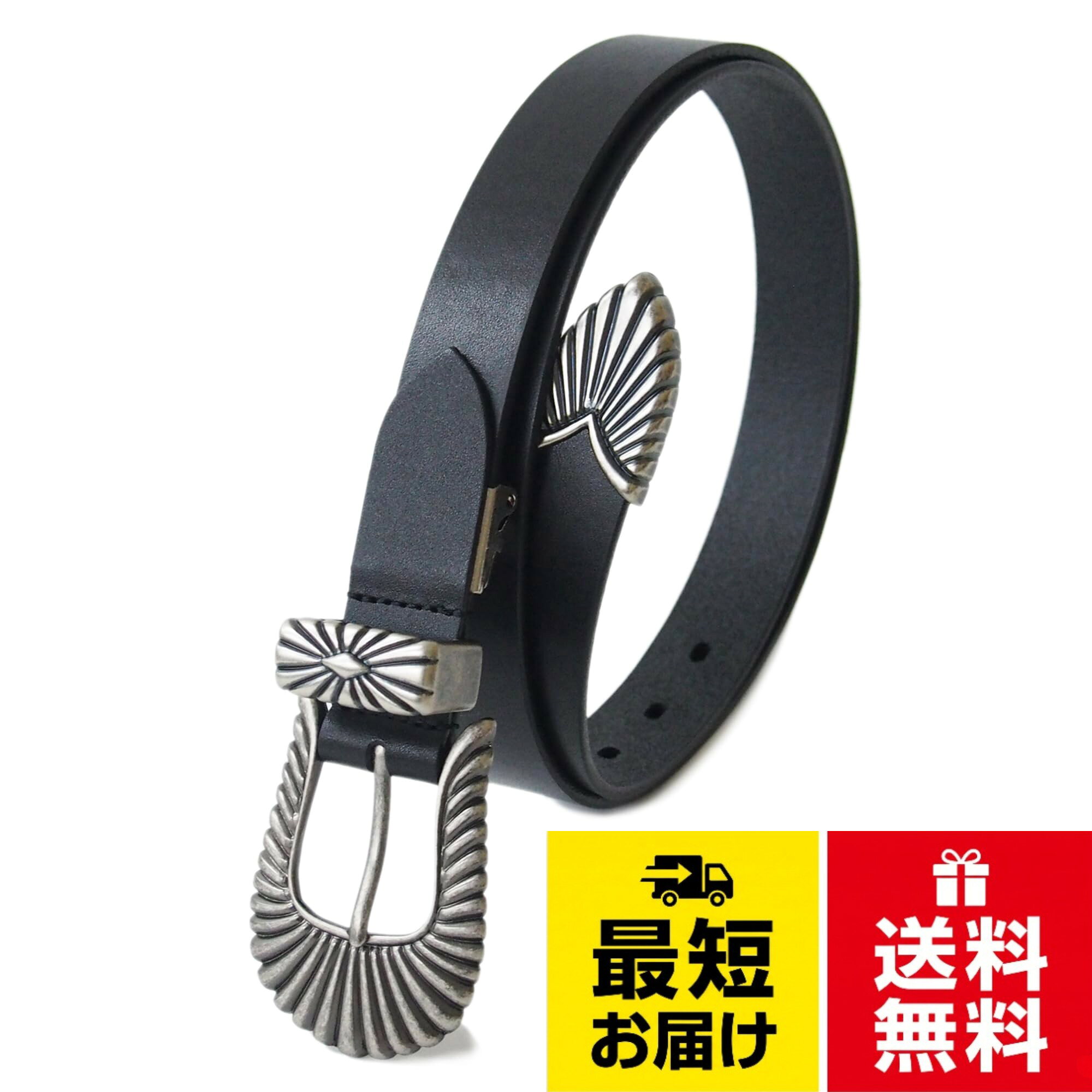 【国産ヌメ革の黒に、3点尾錠をデザインした細みなレザーベルト】。【素材】ベルト：牛革（姫路レザー：フルベジタブルタンニンレザー）　バックル：亜鉛合金　。【サイズ】最小穴まで：約85cm／最大穴まで：約100cm (ホール数：7)　全長：約113cm / 幅：約2.3cm / 重さ：約137g / バックル：約5cm×約6.5cm　※バックル部分を外し カットして短くサイズ調整が可能です。。3点尾錠： バックルとベルトを通すループ（ゆびさし）、そして剣先の3カ所に、調和の取れた金具をあしらいました。落ち着いたトーン、テカリのないアンティークシルバー色。放射状に刻まれたネイティブアメリカン調、印象的なデザインです。。こだわりのフルベジタブルタンニンレザー： 国内での革づくりにこだわり 技術を積み重ねてこられた、兵庫県は姫路のタンナーさんに作っていただいたフルベジタブルタンニンなめしのいわゆるヌメ革。繊維質もしっかり、堅牢な素材感の一枚革です。。カラー： 細みな約23mm幅に、重厚な金具の存在感が際立つ、スタイリッシュな黒のみでのご提案です。[KOGUMA BELT] ベルト メンズ レディース ウエスタン プンターレ 本革 姫路レザー 日本製 細み 細身 ナロー ヌメ革 バックル 牛革 本革 レザー 黒 3点尾錠 23mm幅 2.3cm幅 ハンドメイド フリーサイズ コグマベルト KGMCB-0023 / クラシック / Free Size