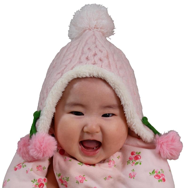 [Happy Beans] ニット帽 サクランボ 男の子 女の子 防寒 ベビー ファー