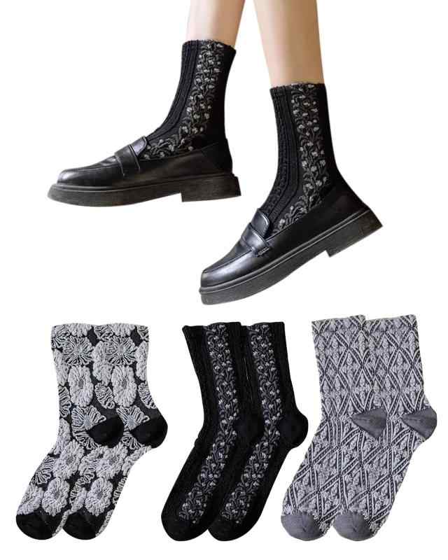 靴下 レディース 春秋冬 カシミア/綿 5足組 厚手 暖かい 花柄 カラーソックス カジュアル靴下 おしゃれ 防臭 保温 レディースクルーソックス 防寒 女性用 22-25cm(3.0)