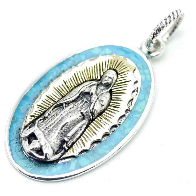 [シルバーワン] シルバー925 グアダルーペの聖母 マリア ターコイズ ペンダントトップ メンズ bo (金ゴールド 青ブルー charm)