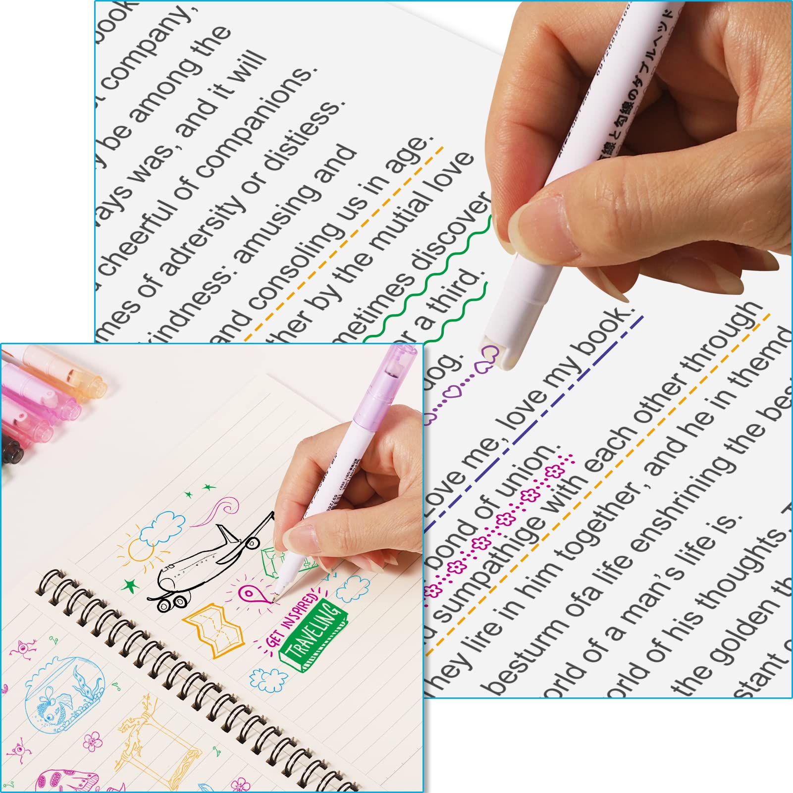 VACNITE カーブペン デュアルチップ ローラースタンプペン 6種類 8色細字ペン先 速乾 文房具 カラーペン マーキング お絵かき イラスト 手帳 DIY日記 筆記用 趣味 水性ペンセット 子供大人 ギフ