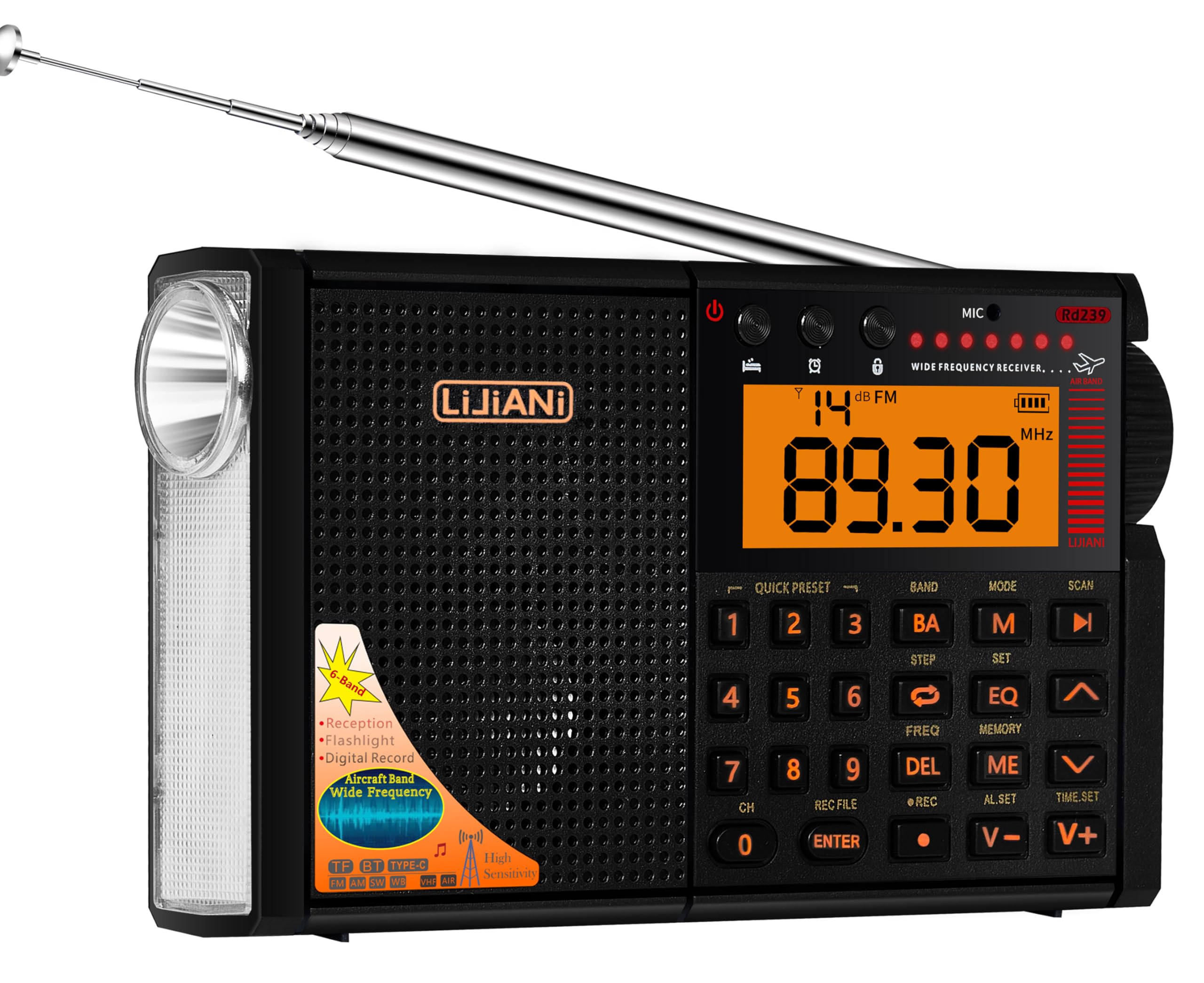 2026 VER Shortwave Radio AIR/VHF/AM/FM/SW/Weather Bands Transistor with TF Card/Flashlight,Key Backlight, Digital Record, Alarm Clock,Sleep Timer,Powered by AA & LI Battery,Type-C/ANT Jack