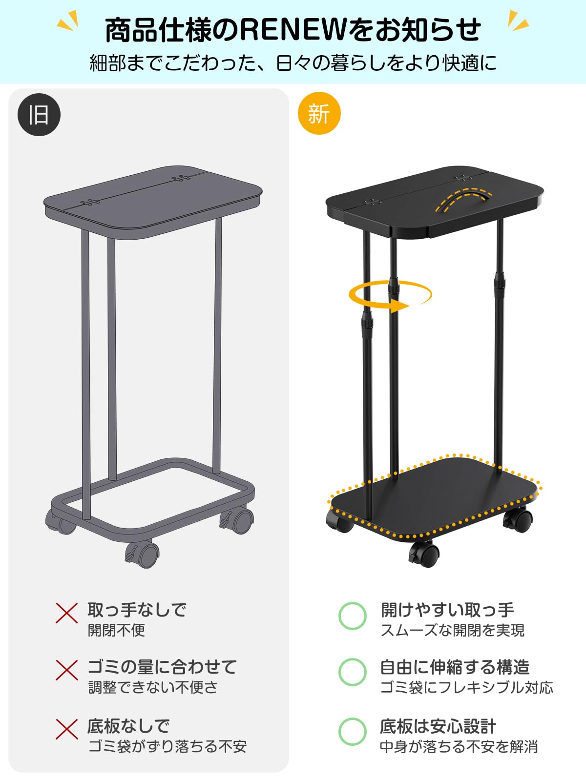 TTWO 横開きゴミ袋ホルダー ふた付き ゴミ箱 45l 高さ調整可 20L～90L袋対応 取っ手＆底板付き 袋落ち防止 使いやすい キッチン 分別ゴミ箱 スリム ゴミ袋 生ゴミ スタンド ポリ袋ホルダー 蓋付