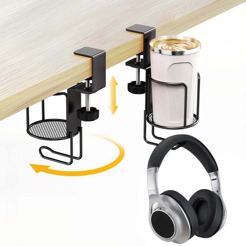 Rakuten - HAUZMENT 2in1ヘッドホンスタンド&カップホルダー デスク周り収納 360度回転 便利グッズ ドリンクホルダー デスク 用品 ヘッドセット置き/掛け イヤホン 収納 強力クランプ式 取り付け簡単（
