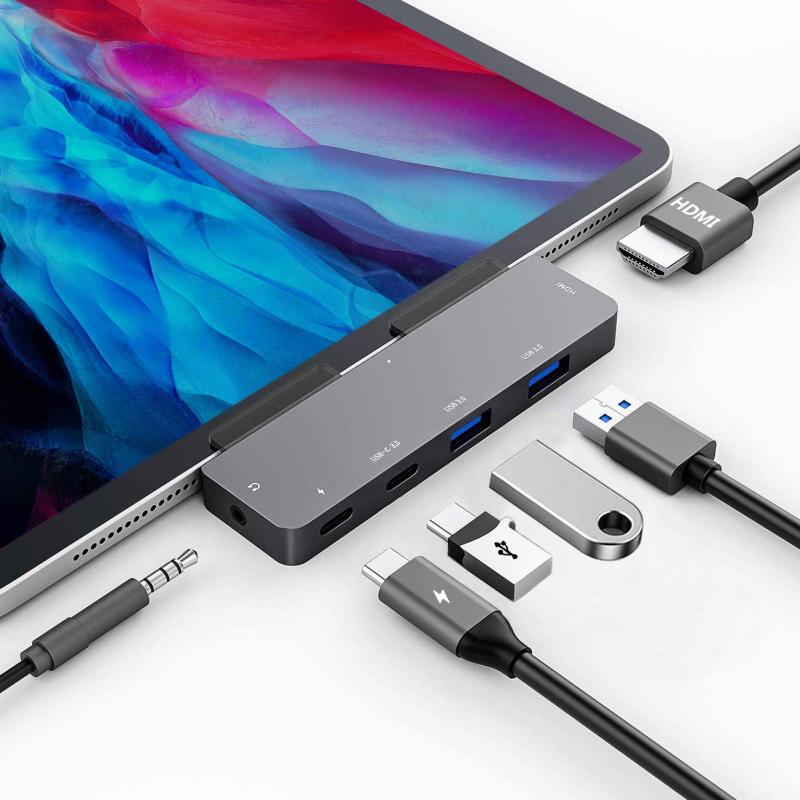 6in1最新iPad Pro 2022-2018 /iPad Air 4/5/iPad Mini 6 専用ドッキングハブ USB-C ハブ 4K HDMI出力 60W PD充電 2xUSB3.0 5Gbpsデータ転送 3.5mmヘッドホンジャック タイプ