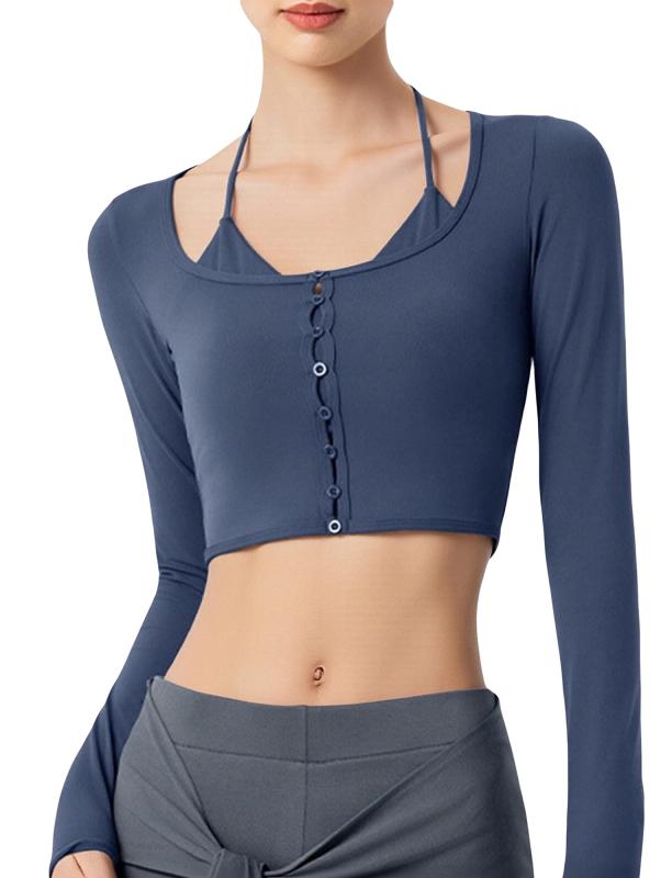 [Maeau] スポーツブラ レディース ヨガウエア ホルターネック シャツ風 トップス フェイクレイヤード カップ付き 長袖 ストレッチ 吸汗速乾 シルエット 重ね風 リボン おしゃれ ゆったり ピラ