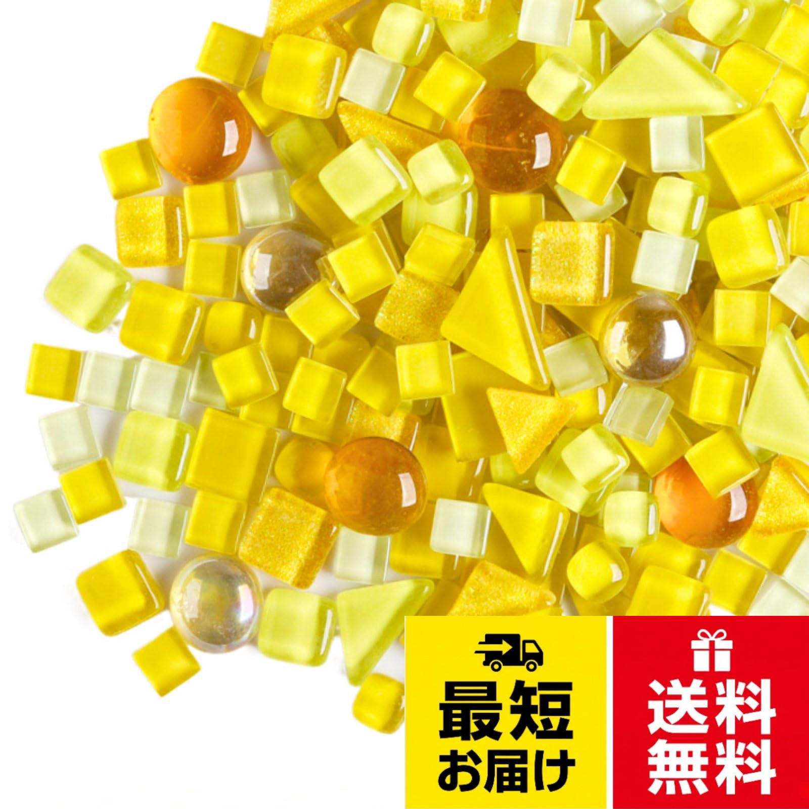 【多彩なタイルセット】ガラスモザイクタイルが500gたっぷり入った大容量セットです。正方形・三角・丸など不揃いの形と透明でカラフルな色合いで、DIYやクラフトの幅を広げてくれます。お子様の工作や親子の時間にもぴったりです。。【貼るだけ簡単】タイルは接着剤で貼るだけなので、特別な道具や技術は必要ありません。DIY初心者の方や手作りが初めての方でも楽しめて、自作のフォトフレームやコースターをお作りいただけます。。【照明とセットで癒しの空間】ステンドグラス風に仕上がる透明なガラスタイルは、キャンドルホルダーやランプシェードとの相性も抜群。照明の光を受けて幻想的に輝いてくれるので、お部屋の雰囲気を一気に温かく演出してくれます。。【楽しみ方いろいろ】花瓶やトレイ（お盆）のデコレーション、鍋敷きや壁飾りのアクセントにも活躍。ガラスモザイクを使って、作品作りからインテリアまで多彩なアート表現が可能になります。使い道が豊富なので無駄なくお使いいただけます。。【商品内容】ガラスモザイクタイル 500g分 【材質】ガラス 【仕様】丸・四角・三角ランダム混合（四角多め） 【カラー】青・水色・空色・黄色・緑・青緑・桃色・赤・オレンジ・白・黒・各色混合 など多種ご用意しております。 【注意点】※比較的四角が多めの構成となります。 ※輸送過程での破損が多い場合、お知らせください。誠意を持って返金に対応いたします。MARUHADO モザイクタイル ガラス 500g 不揃い 大容量 サイズ混合 工作 ハンドメイド 四角 丸 角