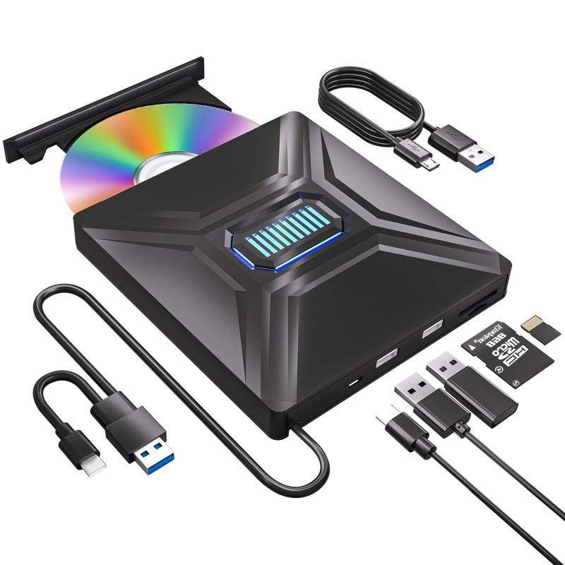 DVD CD 外付けドライブ 【4in1多機能モデル】SD/TFカードスロット搭載・外付けHDD/マウス/スマホ接続可・DVD/CD読み書き対応・USB/Type-C両対応・外付けdvdドライブ Windows/Mac/Linux対応
