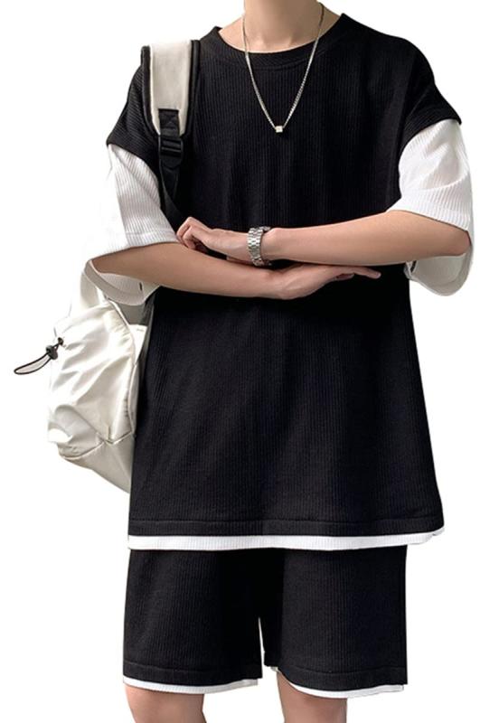 [JIAYBL] tシャツ メンズ 半袖 上下 セット 夏服 ゆったり ジャージ メンズ 上下 ハーフパンツ セットアップ メンズ 無地 スウェット メンズ 上下セット フェイク レイヤード おしゃれ 大きいサ
