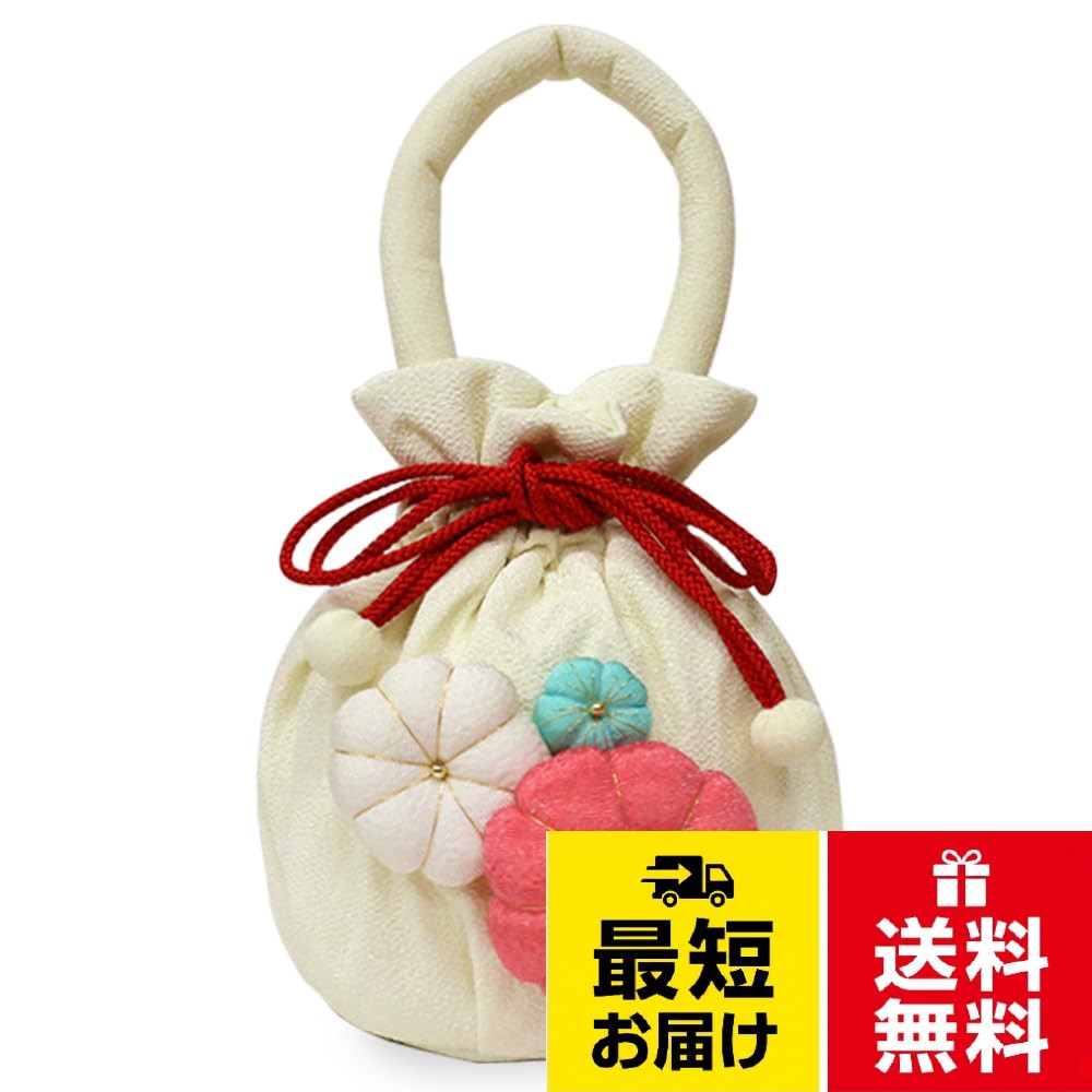 主体地：ポリエステル100%、裏地：綿100%。サイズ(約)：幅13cm×高さ25cm(持ち手部分を含む)×マチ12cm[kimono cafe] 七五三 バッグ ふっくら飾り うさぎ 花 巾着袋 ピンク 赤 白 女児 753 三歳 七歳