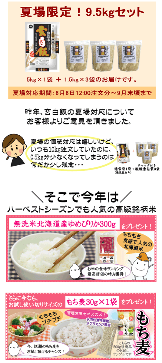 無洗米 29年産 玄白飯(げんぱくめし)9.5kg夏場限定小分け対応(5kg×1袋＋1.5kg×3袋)★300gゆめぴりか＆もち麦おまけ付き★送料無料岩手ひとめぼれ1等米使用【北海道沖縄別途送料830円】