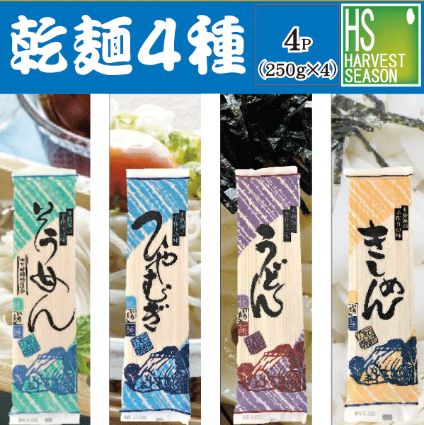 乾麺 250g4種セット（そうめん、ひやむぎ、うどん、きしめん） 花いちもん麺 本格派の手作りの味[メール便送料無料][代引＆日時指定不可][宅配・北海道沖縄別途送料]