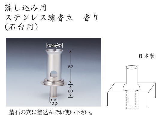 製品仕様 製品名 押し込み用ステンレス線香立て（石台用）　香り 製造国 日本 &nbsp;※画像はイメージです。実際の商品とは色合い等若干異なる場合が御座います。 &nbsp; その他の仏具へはこちらをクリック!! ●本商品は通常店舗在庫販売商品です。ご注文後(銀行振込決済等先払い決済の場合は、 　 ご入金確認後）3日?10日程で発送可能です。 　(長期休暇時を除く営業カレンダー参照） ●通常当店在庫商品となっておりますが、当店店舗及びメーカー仕入れ先在庫切れの場合は、 　 上記表示より発送が遅れる場合が御座います。 ●本商品は他の商品と同梱可能商品です。下記のバナーをクリックで 　注意事項が御覧いただけます。 ●当店お支払・送料についてのご注意事項はこちら ●おわかりにくい点・ご質問事項等御座いましたらお気軽に当店までお問い合わせ下さい。 　（当店営業時間中の場合、お電話でのお問い合わせの方が素早くご対応可能な場合が ?御座いますので、お気軽にお電話ください。) ジャンル：香炉・線香立て・線香立・線香置き・線香・仏壇・香皿・香立て・ライター・線香押し込み用　ステンレス線香立(石台用) ー香りー &nbsp; &nbsp; 製品の仕様・配送に関するご注意事項は買い物かご下より御確認下さい。&nbsp;