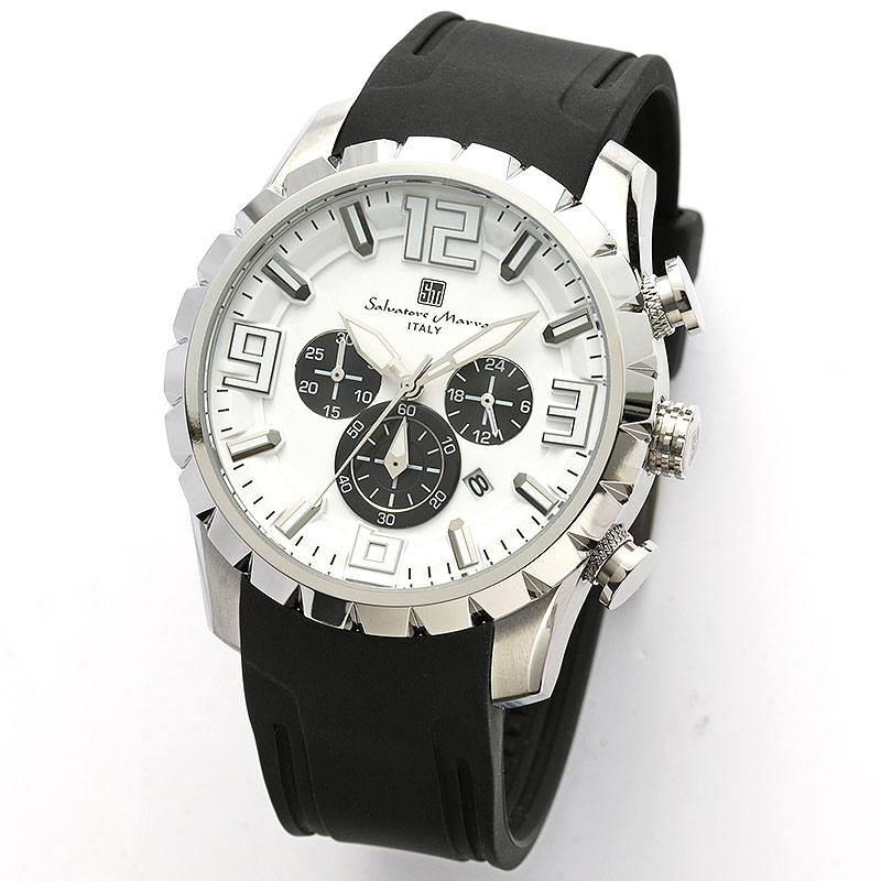 サルバトーレマーラ 腕時計 SalvatoreMarra 時計 クロノグラフ 立体的 メンズ 男性 ホワイト ラバー ベルト SM22111-SSWH-BK ビジネス 仕事用 人気 おすすめ おしゃれ ブランド プレゼント ギフト かっこいい 高級感