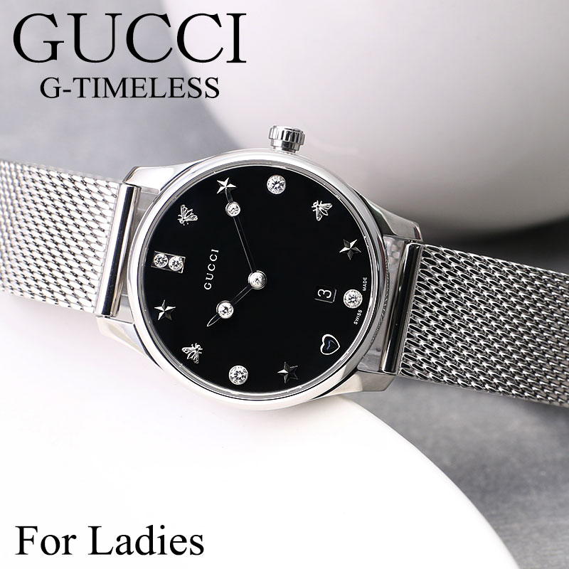 【10%OFF 15125円引】グッチ 腕時計 GUCCI 時計 Gタイムレス G-TIMELESS レディース YA1265001 女性 ブラック シェル 黒 個性 シンプル 見やすい 日付 メッシュベルト シルバー ダイヤ イタリア 高級 ファッション 仕事 大人 ブランド プレゼント ギフト 誕生日 記念日