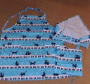 ハンドメイド　手作り　子供用　エプロンセット　100　ネコ　ねこ　ピアノ　水色　女の子　エプロン　三角巾　巾着袋　マジックテープ　子供　小学生　幼稚園　園児　家庭科　調理実習　お手伝い　おままごと