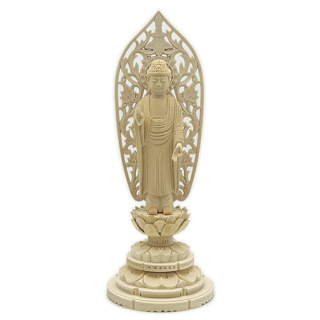 商品詳細 サイズ 4.0寸　総高：25.5cm、幅：10cm、奥行き：9cm 3.5寸　総高：22cm、幅：9cm、奥行き：8.5cm 材質 桧木（ヒノキ） 加工方法 白木木彫り 商品特徴 仏身：阿弥陀如来 台座：円台 光背：船形 コンパクトなサイズで、片手に収まり持ち運びも可能です。 高級桧木を素材に、伝統を踏まえた高度な彫刻技術を持つ熟練の仏師が、一つ一つ心を込めて彫り上げましたお像です。その尊顔と穏やかな表情を拝するとき、仏の教えにおける大慈悲を感じ、自然と心の安らぎが得られ、苦難を取り除き、平安を守ることとなります。 関連情報説明 西方極楽世界の教主。天台宗、浄土真宗のご本尊とされています。 また、戌、亥年生まれの守り本尊(守護仏)でもあります。 阿弥陀のほかに無量寿、無量光などとも言われる。大無量寿経によれば、もとは、この尊はインドの王族の出身で世自在王仏の教化で出家し、名を法蔵比丘と改め、五劫の間修行を重ね、殊勝の四十八願をたて、西方極楽浄土の王となり、一切衆生を利益する大慈大悲の無量仏となり、今も説法していると説く。阿弥陀三尊は脇侍として観音・勢至菩薩をもつ。印相には上品上生から下品下生までの九品住生に阿弥陀定印、四十八願印、蓮華蔵印などがある。 商品用途 仏壇の置物、ビジネス贈り物、風水・開運グッズ、玄関の置物、茶卓置物および、家庭装飾などとして使われます。もちろん、店、会社の社長室、応接室、オフィス、書斎、リビングルームの近くに置くこともできます。 注意書き 材質は桧木を使用しております。 天然の木材を使用しているため、木目の色が画像と多少違う場合や多少黒い節がある場合がございますが不良品ではありません。万が一、商品に割れ等の不良があった場合には交換いたします。 阿弥陀如来 阿弥陀 無量寿仏 仏壇 木彫り仏像 木製仏像 桧木製 彫刻仏像 立像 仏壇用 置物 ご本尊安置 仏壇安置 守護仏 自宅供養 先祖供養 故人供養 法要準備 年忌法要 お盆 お彼岸 仏間用 新仏壇準備 買い替え 仏具準備 坐像安置 ご祈願 家内安全 開運 贈り物