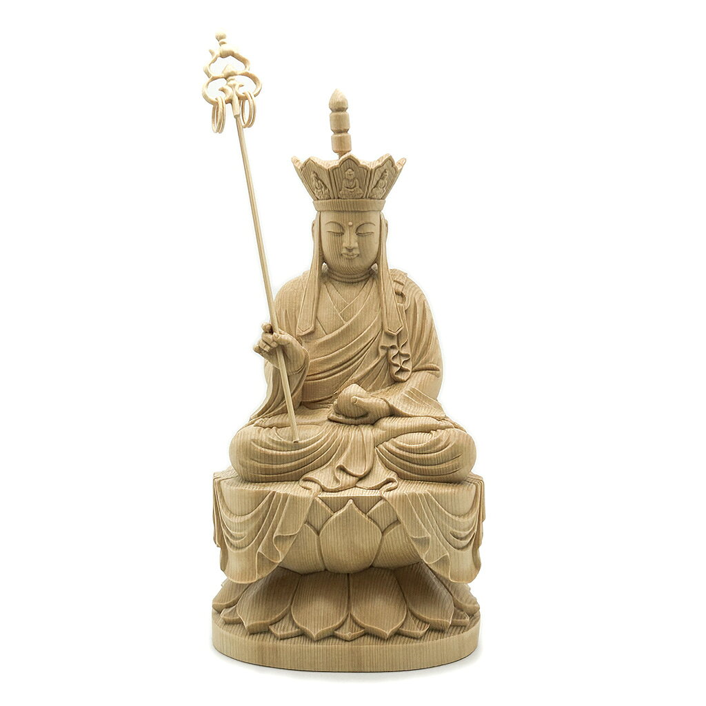 商品詳細 サイズ 総高：26cm(錫杖は除く)、幅：12.5cm、奥行き：11cm 材質 桧木（ヒノキ） 加工方法 白木木彫り コーティングあり 商品特徴 コンパクトなサイズで、片手に収まり持ち運びも可能です。 高級桧木を素材に、伝統を踏まえた高度な彫刻技術を持つ熟練の仏師が、一つ一つ心を込めて彫り上げましたお像です。その尊顔と穏やかな表情を拝するとき、仏の教えにおける大慈悲を感じ、自然と心の安らぎが得られ、苦難を取り除き、平安を守ることとなります。 関連情報説明 地蔵菩薩は釈尊の入滅後、弥勒の出生まで、六道(地獄界・餓鬼界・畜生界・修羅界・人間界・天界)の衆生を教化する菩薩。 よって、供養せんとするものは、現世に福利を得、後世に極楽に生ぜんとする。地蔵信仰は唐代に始まり、日本では平安時代からで、僧形で左手に宝珠、右手に錫杖を持つものが多い。鎌倉時代以降は民間信仰に取り入れられて、子安地蔵、子育て地蔵、水子地蔵、六地蔵など親しまれる。 商品用途 仏壇の置物、ビジネス贈り物、風水・開運グッズ、玄関の置物、茶卓置物および、家庭装飾などとして使われます。もちろん、店、会社の社長室、応接室、オフィス、書斎、リビングルームの近くに置くこともできます。 安産祈願、災難や事故犠牲者の身代わり、集落の道祖神として親しまれていて、無病息災、五穀豊穣、交通安全、水子祈願、安産、子授け、子供守護、先祖菩提、戦勝祈願など様々なご利益があります。 注意書き 材質は桧木を使用しております。 天然の木材を使用しているため、木目の色が画像と多少違う場合や多少黒い節がある場合がございますが不良品ではありません。万が一、商品に割れ等の不良があった場合には交換いたします。 木製仏像 桧木製 コンパクト仏像 インテリア仏像 仏壇 仏壇用 小型仏像 モダン仏像 彫刻仏像 桧木彫刻 座り仏像 和風インテリア 知恵の仏様 祈願仏像 仏壇安置 祭壇用 仏間用 先祖供養 故人供養 開眼供養 法要準備 お盆 お彼岸 命日 仏具準備 仏像買い替え 新仏壇準備 お守り用 祈願 家内安全 仏壇飾り 省スペース安置 学業祈願 合格祈願 子供部屋用 和室用