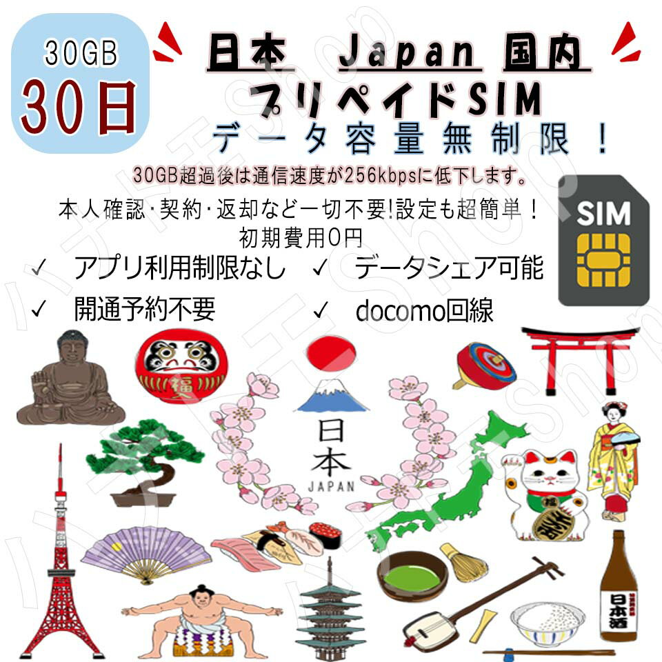 日本 Japan データ通信SIMカード 30GB利用 30日間 Docomo回線 プリペイドSIM 4G LTE データ専用 海外出張 海外旅行 短期渡航 海外出張 ..