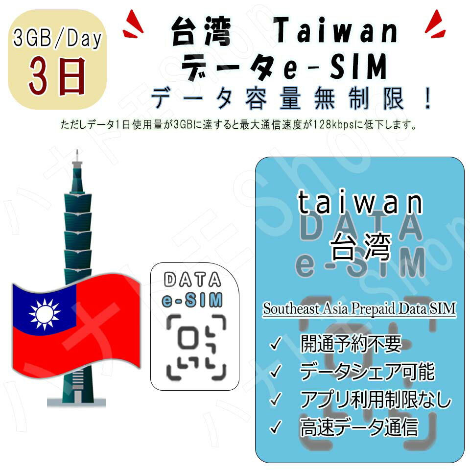 【商品仕様】 対応国：台湾 taiwan 利用期間：3日間 データ容量：3GB/日 ※上限を超えた場合128kbps速度で無制限利用可能 音声通話・SNS：不可 対応端末：スマートフォンのみ ※iPad/タブレットではご利用いただけません。 【有効期限】商品注文してから90日【商品特徴】 (1)4G/LTE高速データ通信が利用可能 (2)日本のアプリがそのまま現地で利用できる eSIMを設定後、ご渡航先の国で日本の既存アプリ(LINEなど)が使えます。 (3)受取り/設定も簡単 メールにてお届け、届いたQRコードを読み取って設定 (4)本人確認不要 (5)返却不要 ★納品について★ 本商品はご登録のメールアドレス宛にお届けしますので、必ず受け取り可能なメールアドレスのご登録をお願いします。 下記メールアドレスからお送りしますので、予めドメイン許可設定もお願いします。 納品時送信元メールアドレス：sim-info@huayou.co.jp ■注意事項■ ※eSIM対応のSIMフリーまたはSIMロック解除済の端末に限ります。 ※QRコード商品になる為、ご注文確定後のキャンセル又はご返金はできかねます。 ※1つのQRコードは1端末のみに利用可能です。プロファイル(APN)を削除した場合、同じQRコードは利用できません。 ★よくあるご質問★ Q1:音声通話不可ということは、LINEでの通話やWhatsApp、zoomなどのビデオ通話も不可でしょうか？ A:LINEやZoomなどのご利用は可能です。 ただし、LINEにつきましては、すでに設定されているアカウントでのご利用が可能となります。 ※弊社SIMカードにはSMS機能はございませんので、新たにLINEのアカウントを設定することはできません。 Q2:利用可能端末を教えてください。 A:SIMフリーやSIMロック解除済み端末： iPhone、androidスマホ Q:テザリングはできますか。 A:テザリングをご利用いただける機種であれば可能です。 【お問い合わせ】 ご不明な点がございましたら、弊社の【お問い合わ欄】または【メール】にてお問い合わせください。【商品仕様】 対応国：台湾 taiwan 利用期間：3日間 データ容量：3GB/日 ※上限を超えた場合128kbps速度で無制限利用可能 音声通話・SNS：不可 対応端末：スマートフォンのみ ※iPad/タブレットではご利用いただけません。 【有効期限】商品注文してから90日【商品特徴】 (1)4G/LTE高速データ通信が利用可能 (2)日本のアプリがそのまま現地で利用できる eSIMを設定後、ご渡航先の国で日本の既存アプリ(LINEなど)が使えます。 (3)受取り/設定も簡単 メールにてお届け、届いたQRコードを読み取って設定 (4)本人確認不要 (5)返却不要 ★納品について★ 本商品はご登録のメールアドレス宛にお届けしますので、必ず受け取り可能なメールアドレスのご登録をお願いします。 下記メールアドレスからお送りしますので、予めドメイン許可設定もお願いします。 納品時送信元メールアドレス：sim-info@huayou.co.jp ■注意事項■ ※eSIM対応のSIMフリーまたはSIMロック解除済の端末に限ります。 ※QRコード商品になる為、ご注文確定後のキャンセル又はご返金はできかねます。 ※1つのQRコードは1端末のみに利用可能です。プロファイル(APN)を削除した場合、同じQRコードは利用できません。 ★よくあるご質問★ Q1:音声通話不可ということは、LINEでの通話やWhatsApp、zoomなどのビデオ通話も不可でしょうか？ A:LINEやZoomなどのご利用は可能です。 ただし、LINEにつきましては、すでに設定されているアカウントでのご利用が可能となります。 ※弊社SIMカードにはSMS機能はございませんので、新たにLINEのアカウントを設定することはできません。 Q2:利用可能端末を教えてください。 A:SIMフリーやSIMロック解除済み端末： iPhone、androidスマホ Q:テザリングはできますか。 A:テザリングをご利用いただける機種であれば可能です。 【お問い合わせ】 ご不明な点がございましたら、弊社の【お問い合わ欄】または【メール】にてお問い合わせください。