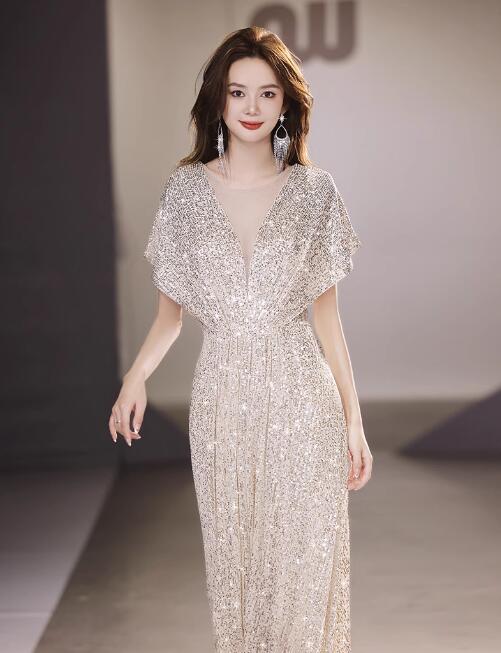 送料無料 ドレス 大人 ロング キラキラ 袖付き ワンピース レディース パーティードレス ステージドレス ママ コンクール イブニングドレス ピアノ発表会 結婚式 演奏会用ドレス 大きいサイズ 小さいサイズ 二次会 シャンパン XS S M L XLXXL XXXL