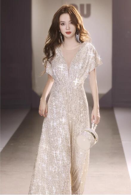 送料無料 ドレス 大人 ロング キラキラ 袖付き ワンピース レディース パーティードレス ステージドレス ママ コンクール イブニングドレス ピアノ発表会 結婚式 演奏会用ドレス 大きいサイズ 小さいサイズ 二次会 シャンパン XS S M L XLXXL XXXL