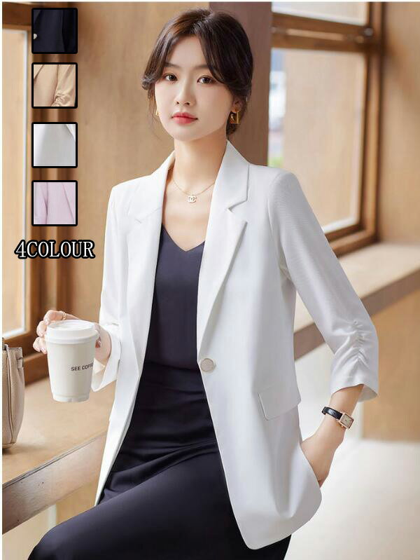 【送料無料 】レディース ファッション【上着のみ】 女性 面接スーツ OL 通勤 7分袖トップス ジャケット フォマール シフォン ロングコート カジュアルスー...