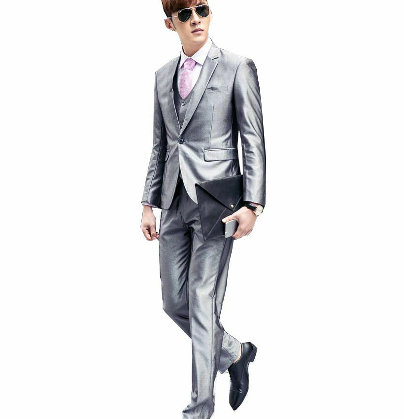 銀灰色 紳士用20代30代40代50代 3ピーススーツ メンズ 上下セットセットアップ 二次会 花婿の介添え通勤 結婚式 卒業式大きいサイズ4点セットジャケット+パンツ+ベスト+長袖シャツ(ホワイト)無地 大人気一つボタンスーツ/二つボタンスーツ